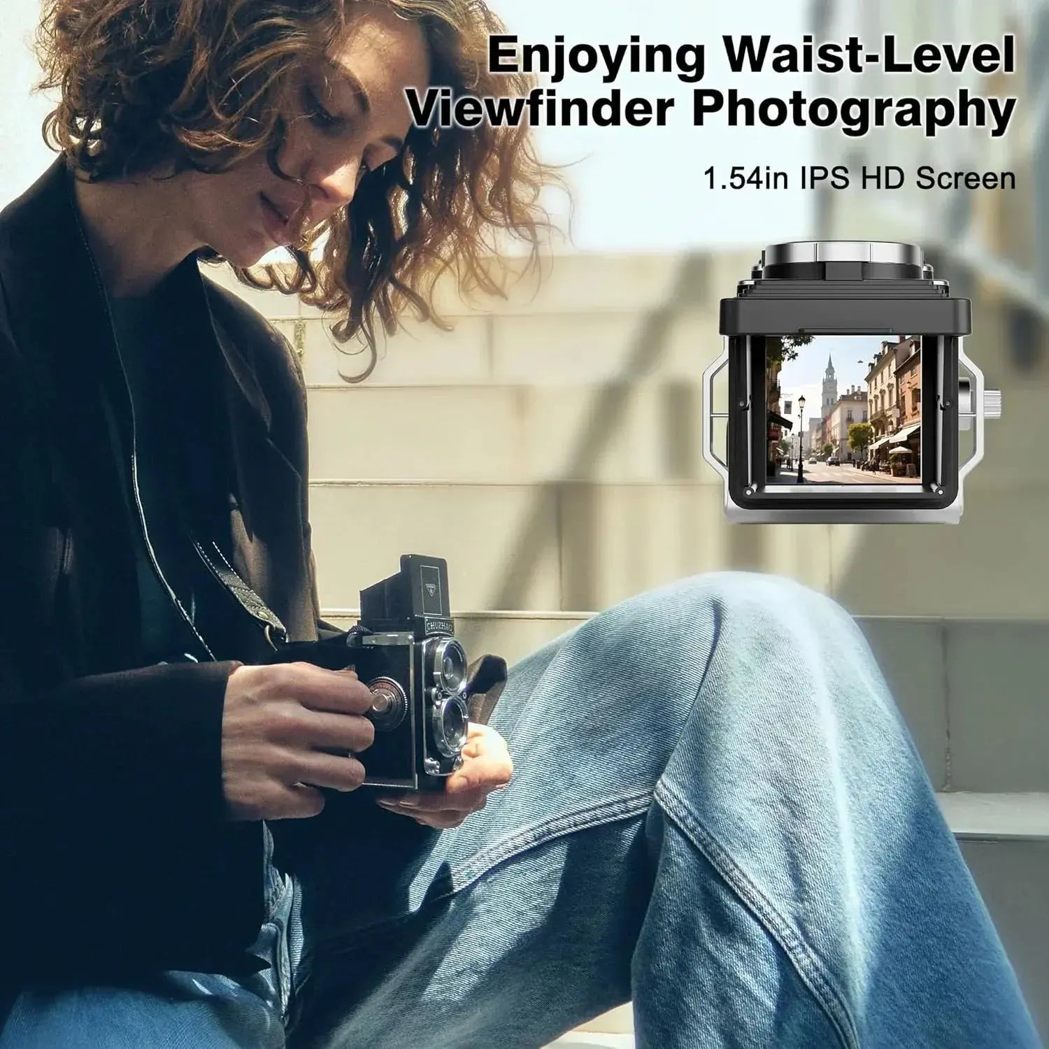 Woman using waist-level viewfinder camera with IPS HD screen outdoors on steps