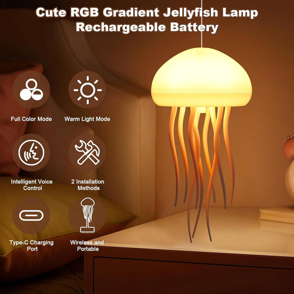 Voice-Controlled Jellyfish Lamp with RGB Gradient, Rechargeable Touch Sensor Table Lamp, Ideal for Christmas Gifts (Hanging + Base)