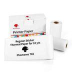 Phomemo T02 regular sticker thermal printer paper rolls and packaging