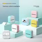 Mini portable thermal printers in pink, blue, yellow, and white colors with paper rolls