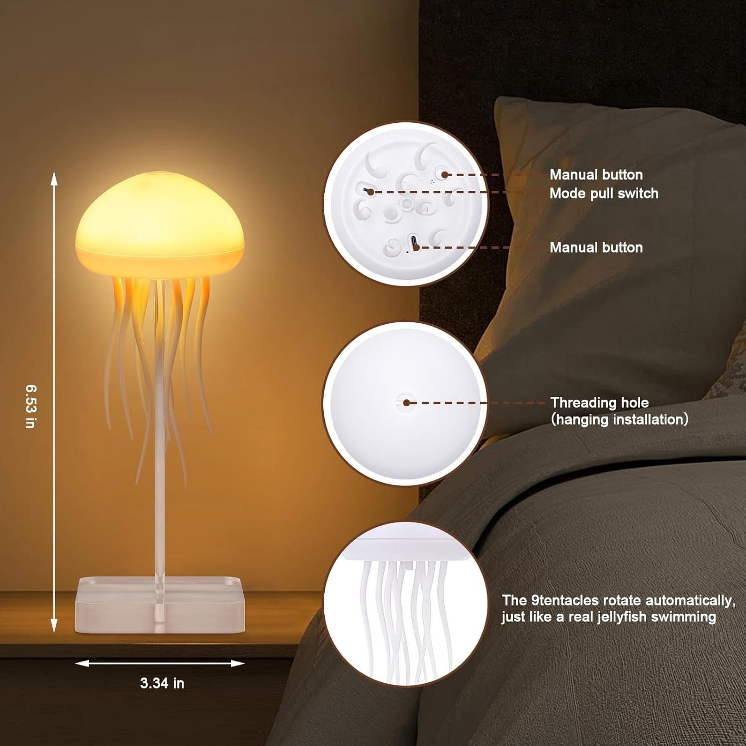 Voice-Controlled Jellyfish Lamp with RGB Gradient, Rechargeable Touch Sensor Table Lamp, Ideal for Christmas Gifts (Hanging + Base)