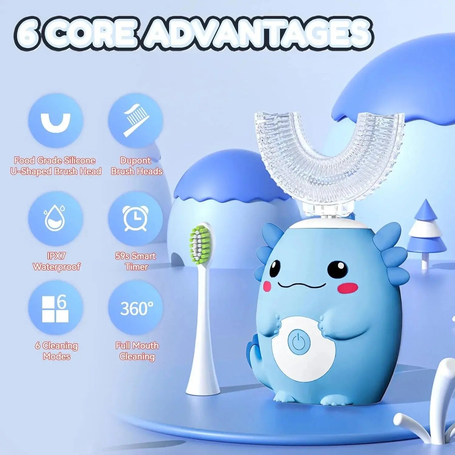 Blue cartoon-themed kids electric toothbrush with U-shaped silicone brush head and cleaning features