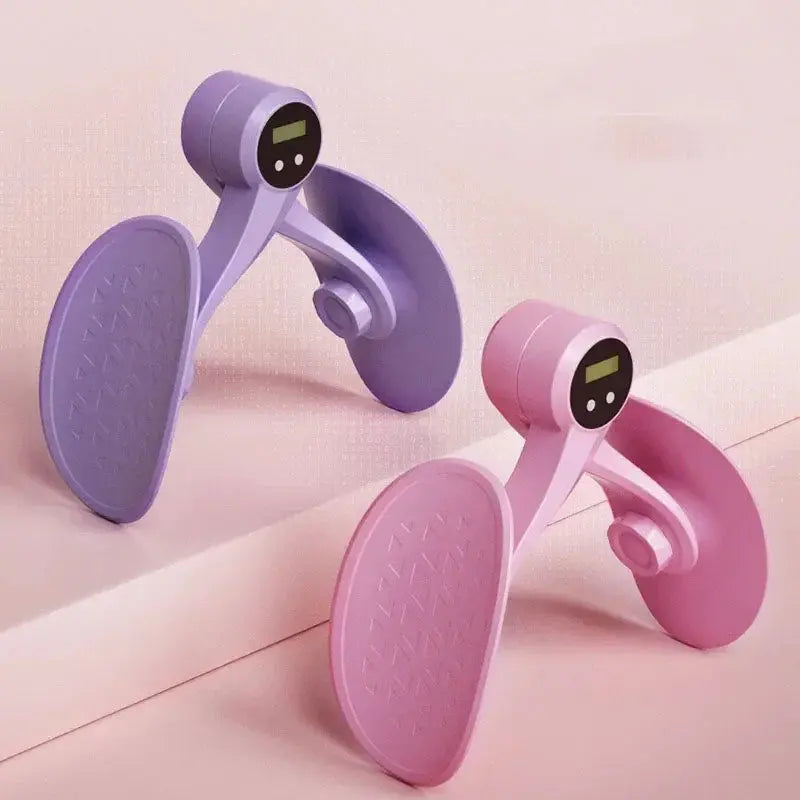 Purple and pink thigh trainers with digital counters on a pastel background