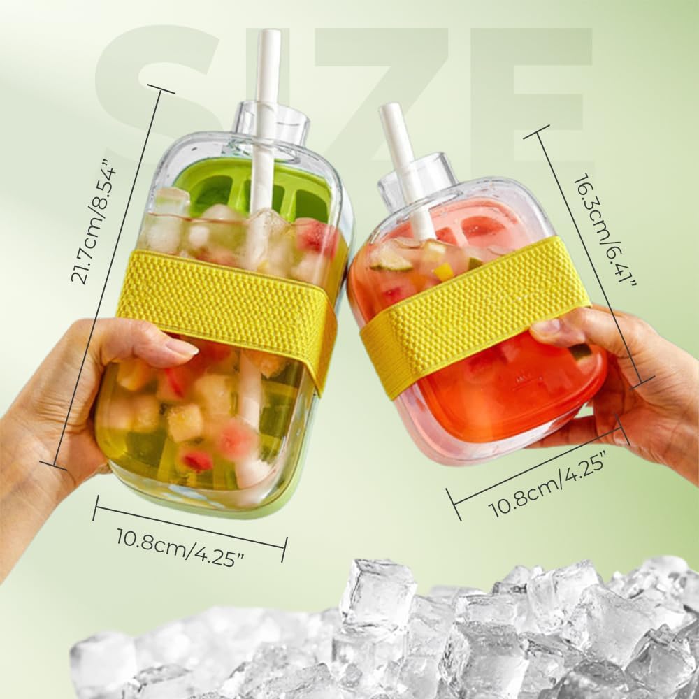 2-In-1 Ice Cube Bottle with Straw, Easy Press Ice Tray Water Bottle, Leak Proof Lid, Vertical Ice Maker for Freezer, Travel, Gym & Home Use (Pink, 500Ml)