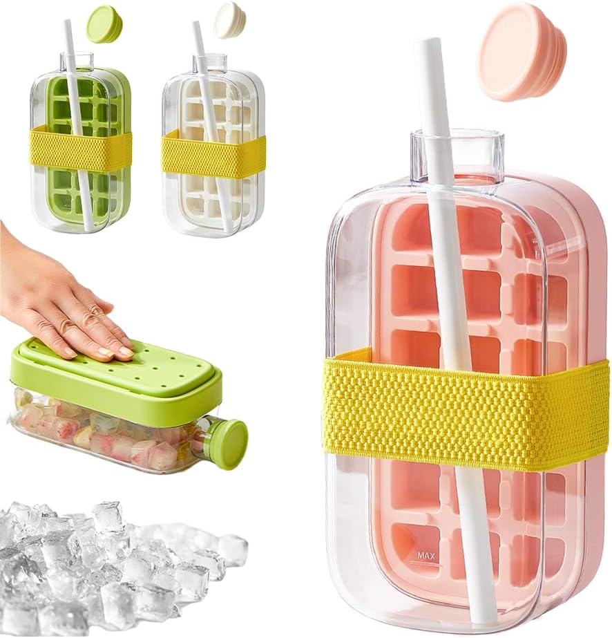 2-In-1 Ice Cube Bottle with Straw, Easy Press Ice Tray Water Bottle, Leak Proof Lid, Vertical Ice Maker for Freezer, Travel, Gym & Home Use (Pink, 500Ml)