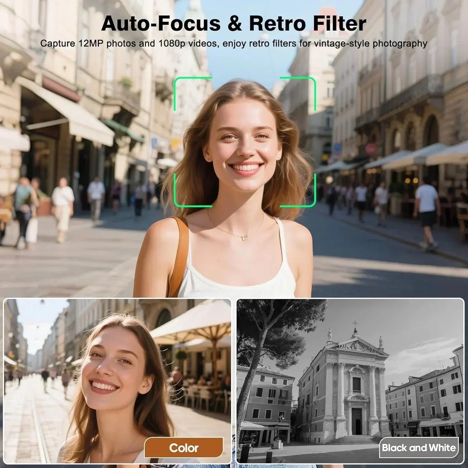Auto-focus camera feature showing a smiling woman outdoors, with color and black-and-white filter options for vintage-style photography.
