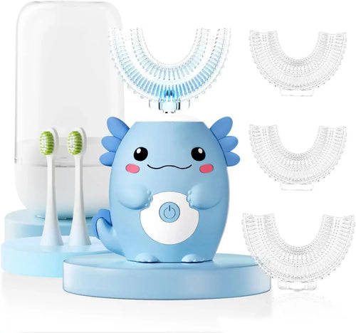 Cute blue kids electric toothbrush set with cartoon character, U-shaped brush heads, and accessories