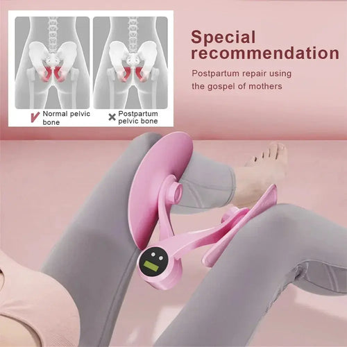 Pelvic floor exerciser device in use for postpartum pelvic bone recovery, pink color.