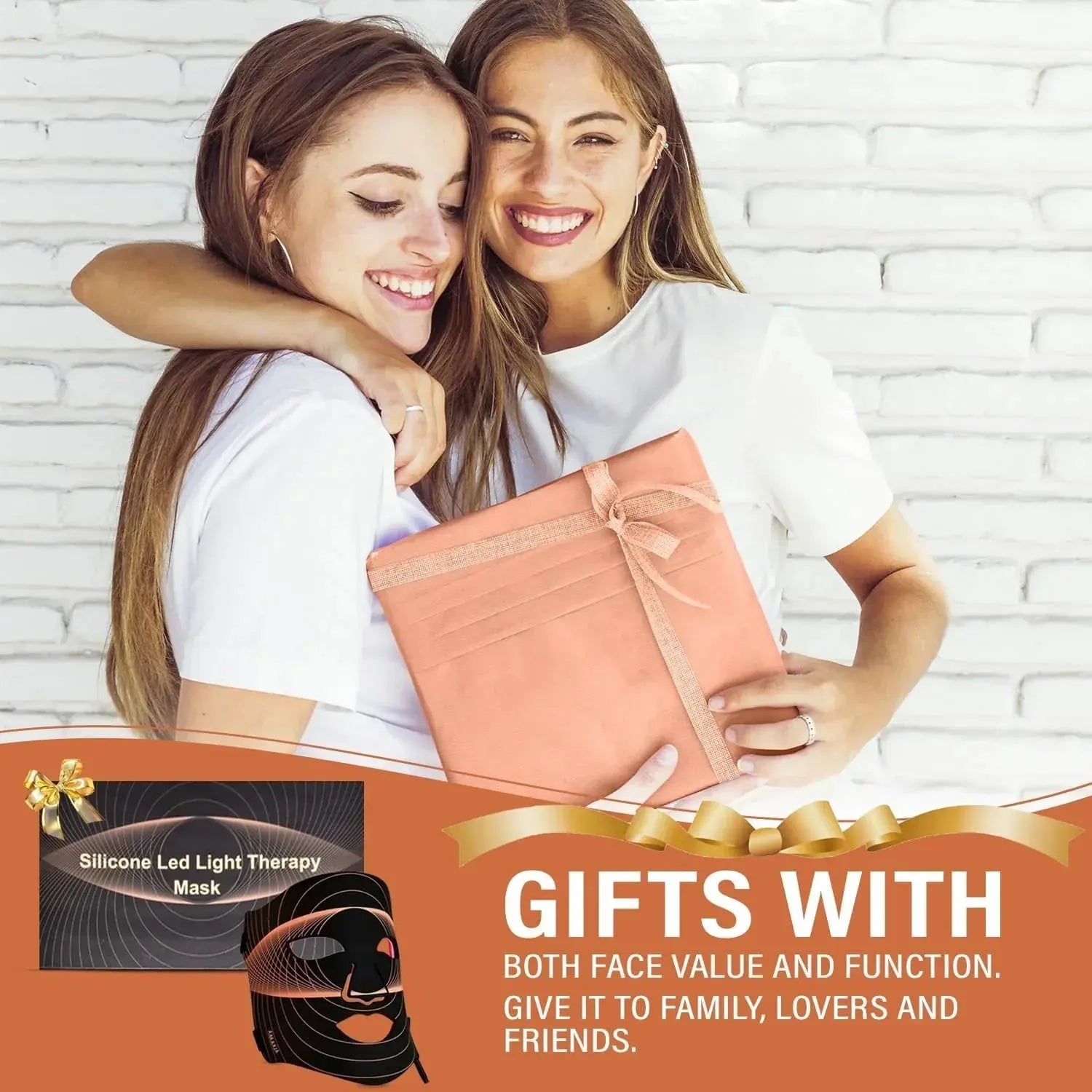 Two smiling women hugging, one holding a peach gift pouch, promoting LED light therapy mask as a thoughtful present.
