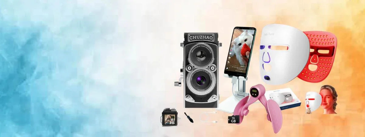 Assorted electronics and beauty devices including LED face masks, camera, smartphone, and speaker on gradient background