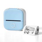 Compact blue portable thermal printer with printed sketch of a double-decker bus