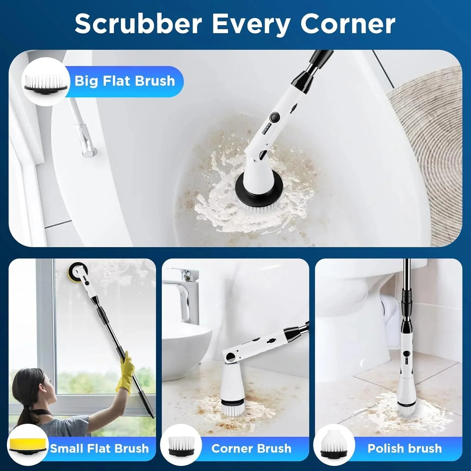 Electric Spin Scrubber with 3 Replaceable Brush Heads Adjustable Extension Arm