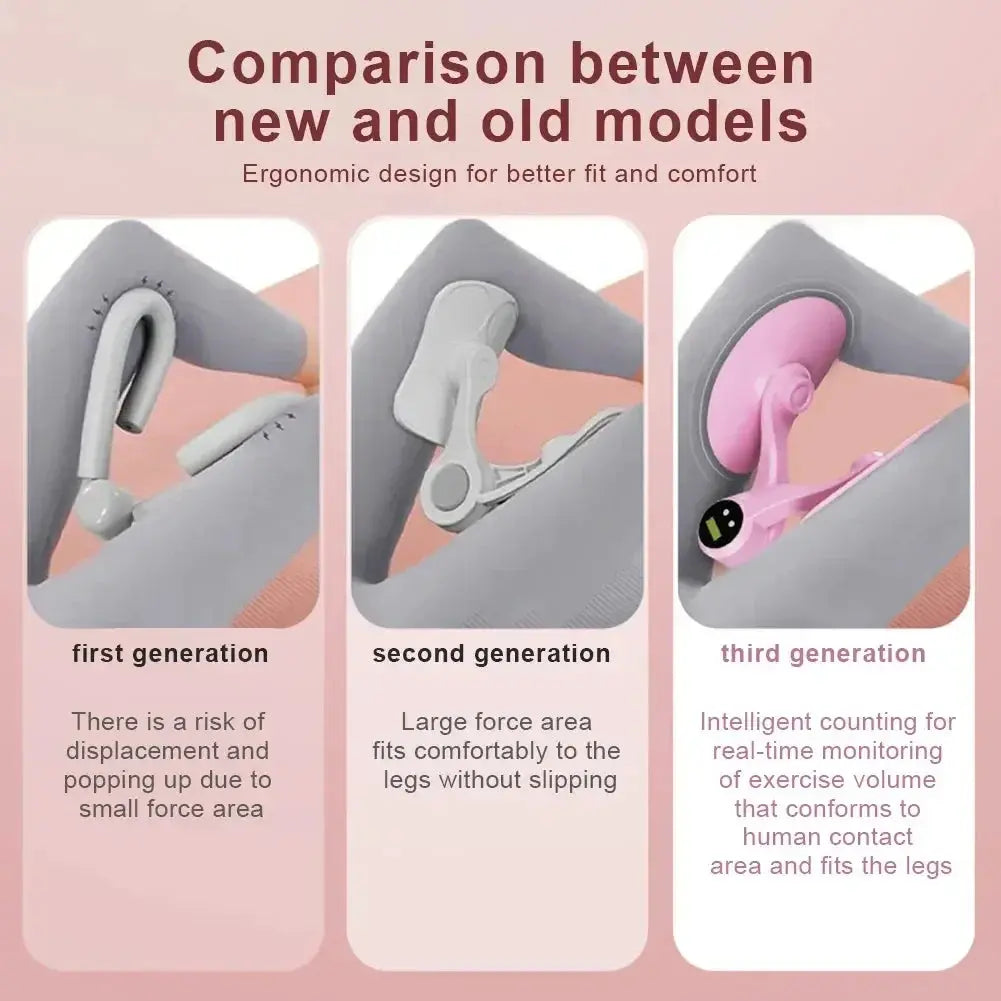 Comparison chart showing first, second, and third generation ergonomic thigh exercisers.