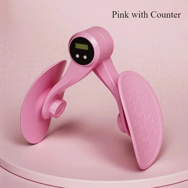 Pink thigh exerciser with digital counter on a pink background