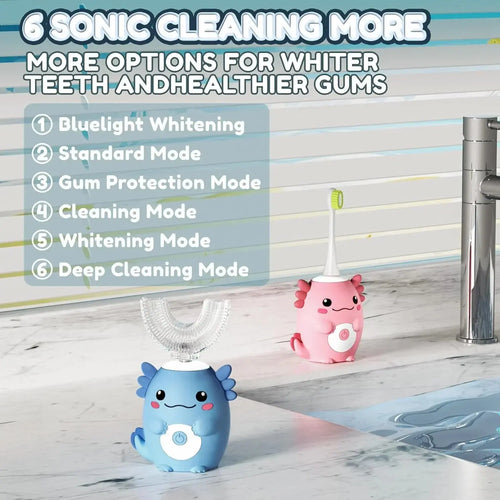 Cute blue and pink children's sonic toothbrushes with six cleaning modes on a bathroom counter
