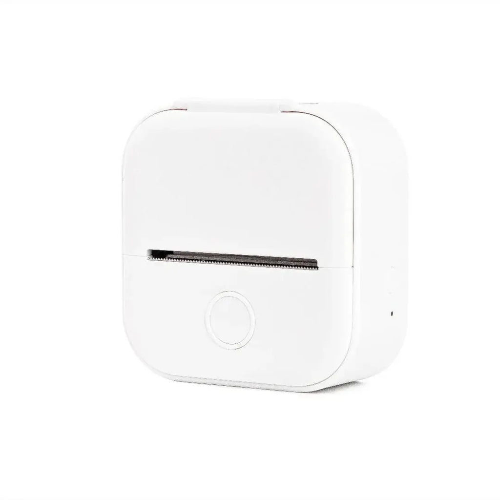 Compact white portable label printer with single button and sleek design on white background