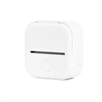 Compact white portable label printer with single button and sleek design on white background