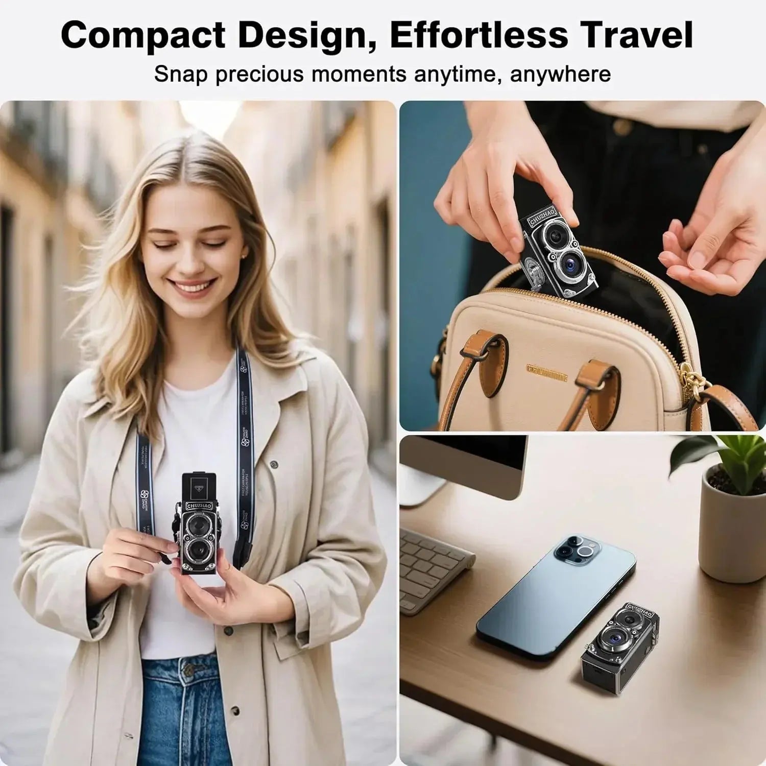 Compact retro camera used by woman, fits in purse, shown next to smartphone on desk