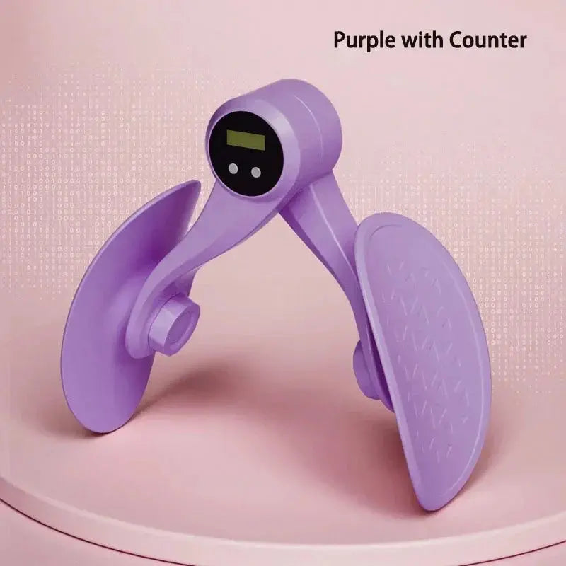 Purple thigh exerciser with digital counter on a pink background