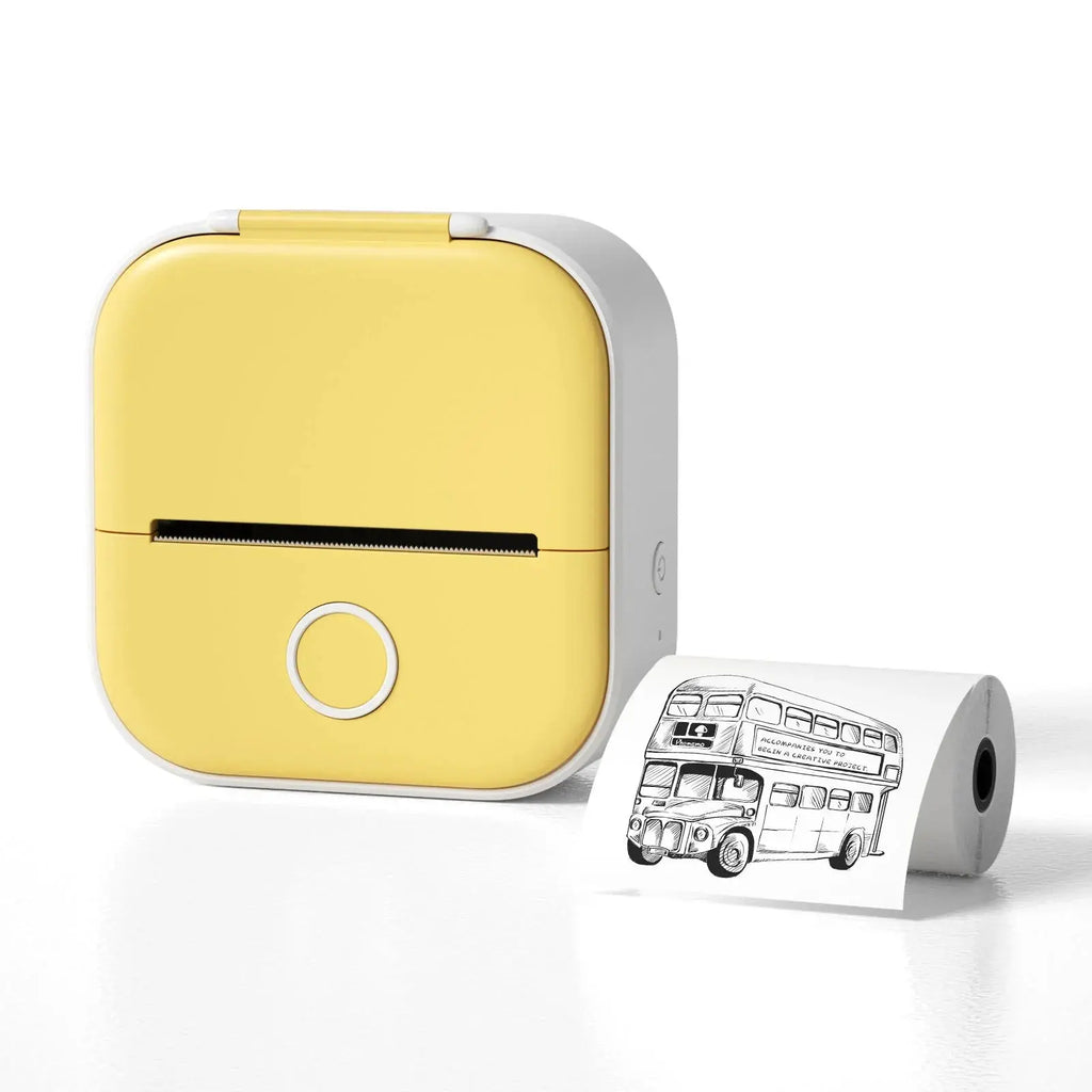 Compact yellow portable thermal printer with printed paper showing a bus illustration