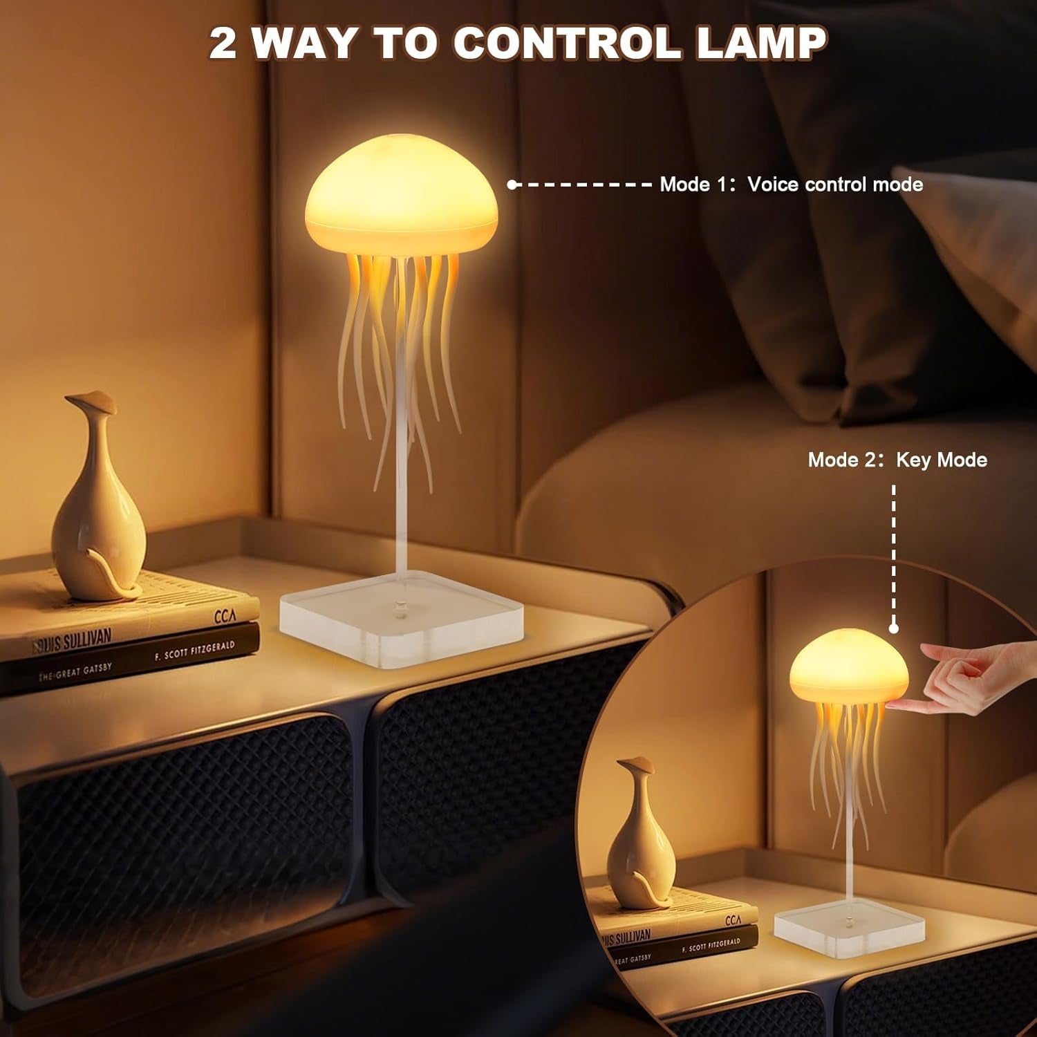 Voice-Controlled Jellyfish Lamp with RGB Gradient, Rechargeable Touch Sensor Table Lamp, Ideal for Christmas Gifts (Hanging + Base)