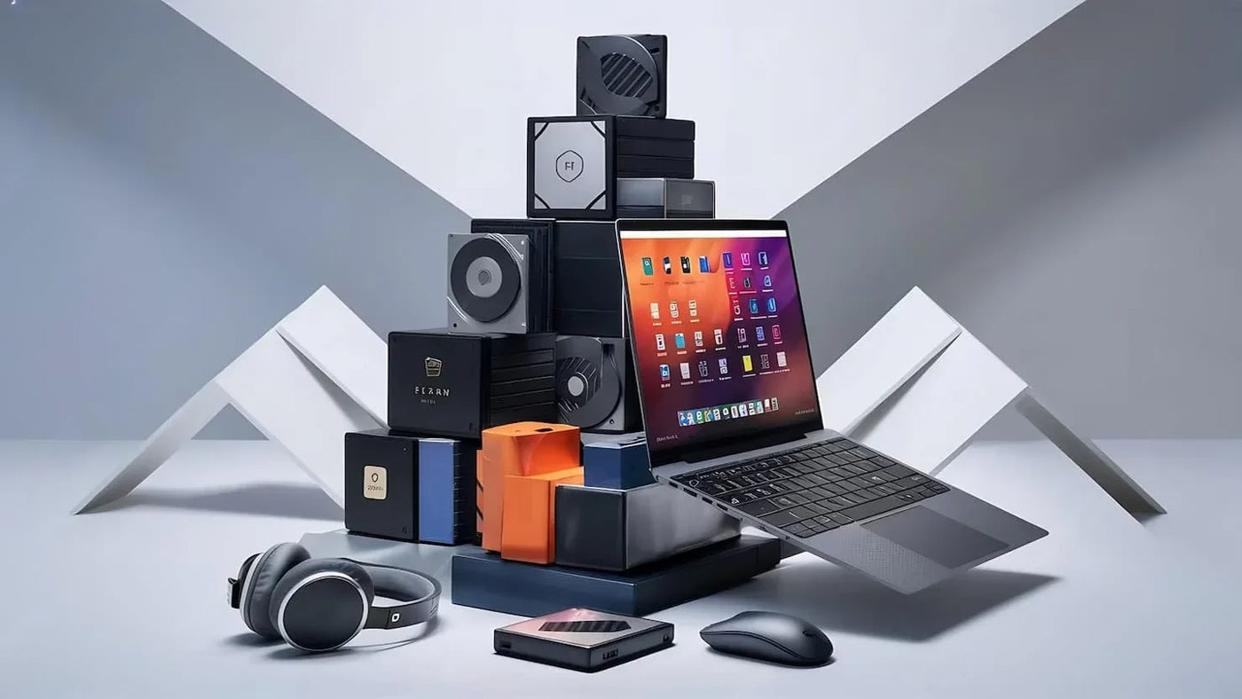 Modern laptop with colorful display, wireless headphones, computer mouse, and tech gadgets in a geometric studio setting.
