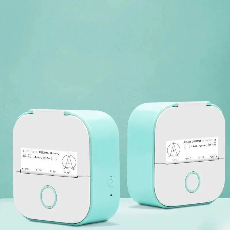 Mini portable thermal printers in blue and white with printed labels on a teal background