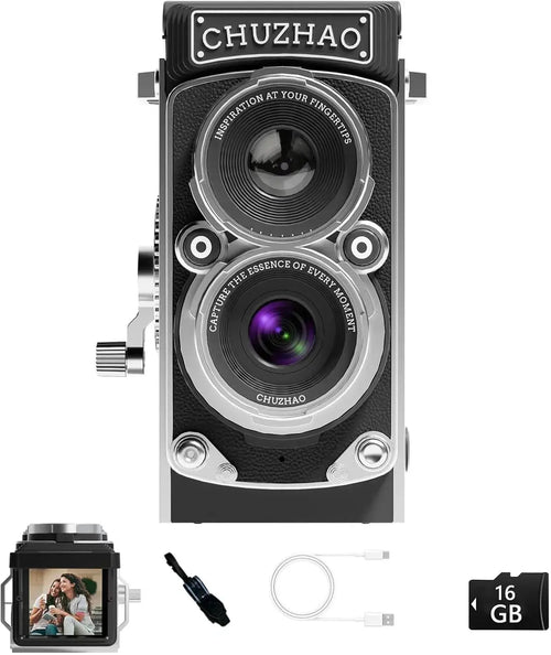 Vintage-style digital camera with dual lenses, LCD screen, USB cable, and 16GB memory card