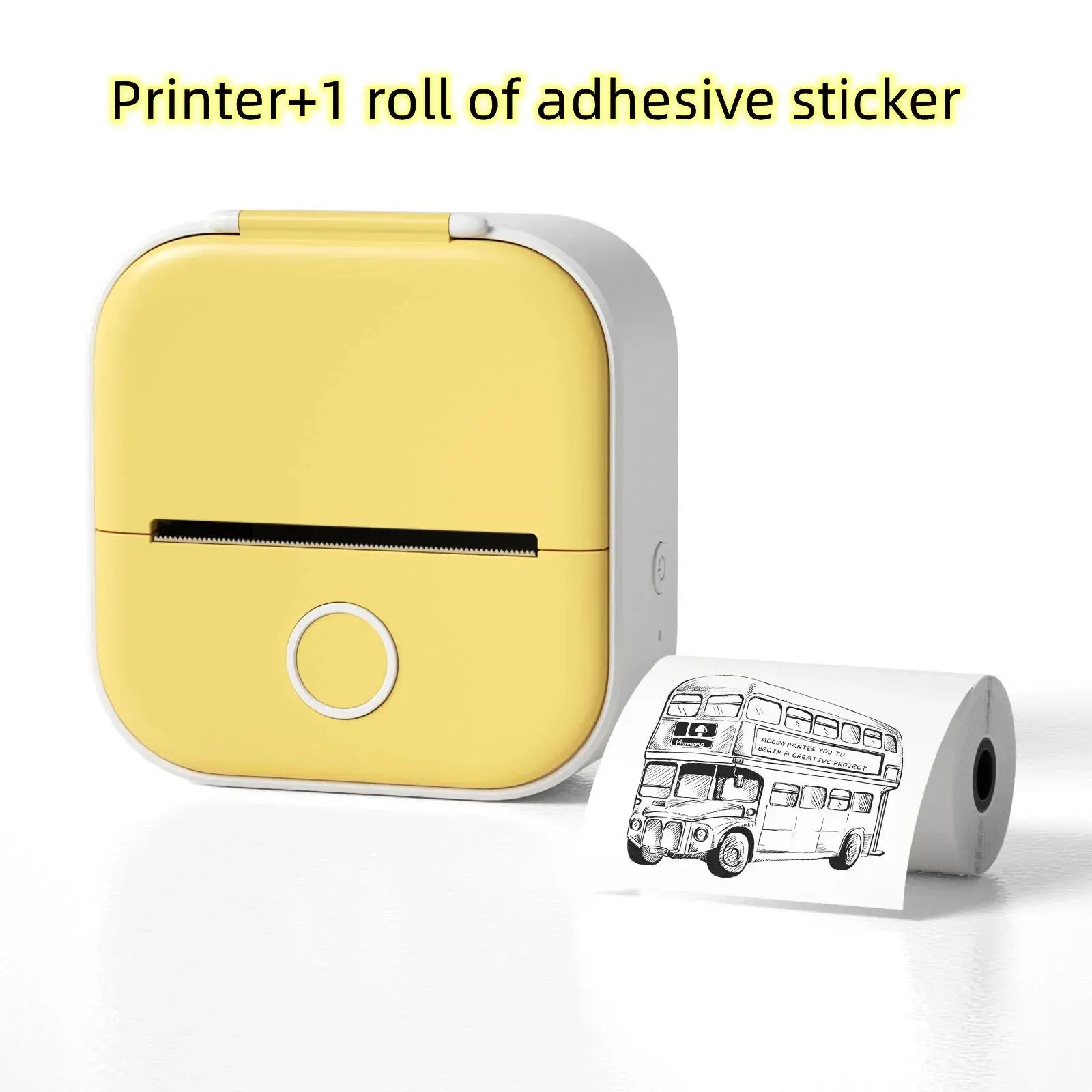 Yellow portable label printer with adhesive sticker roll showing printed bus illustration