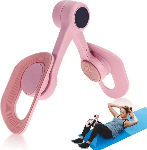 Pink thigh toner exercise equipment with woman using it on a yoga mat for workout