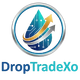 Blue water droplet with upward arrows inside a silver circle, DropTradeXo text below